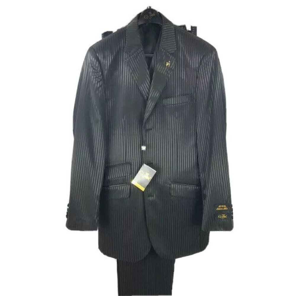 E.J. Samuel Men's Black Suit 3 Piece Pleated Pant Pinstripe Size 38L W32"